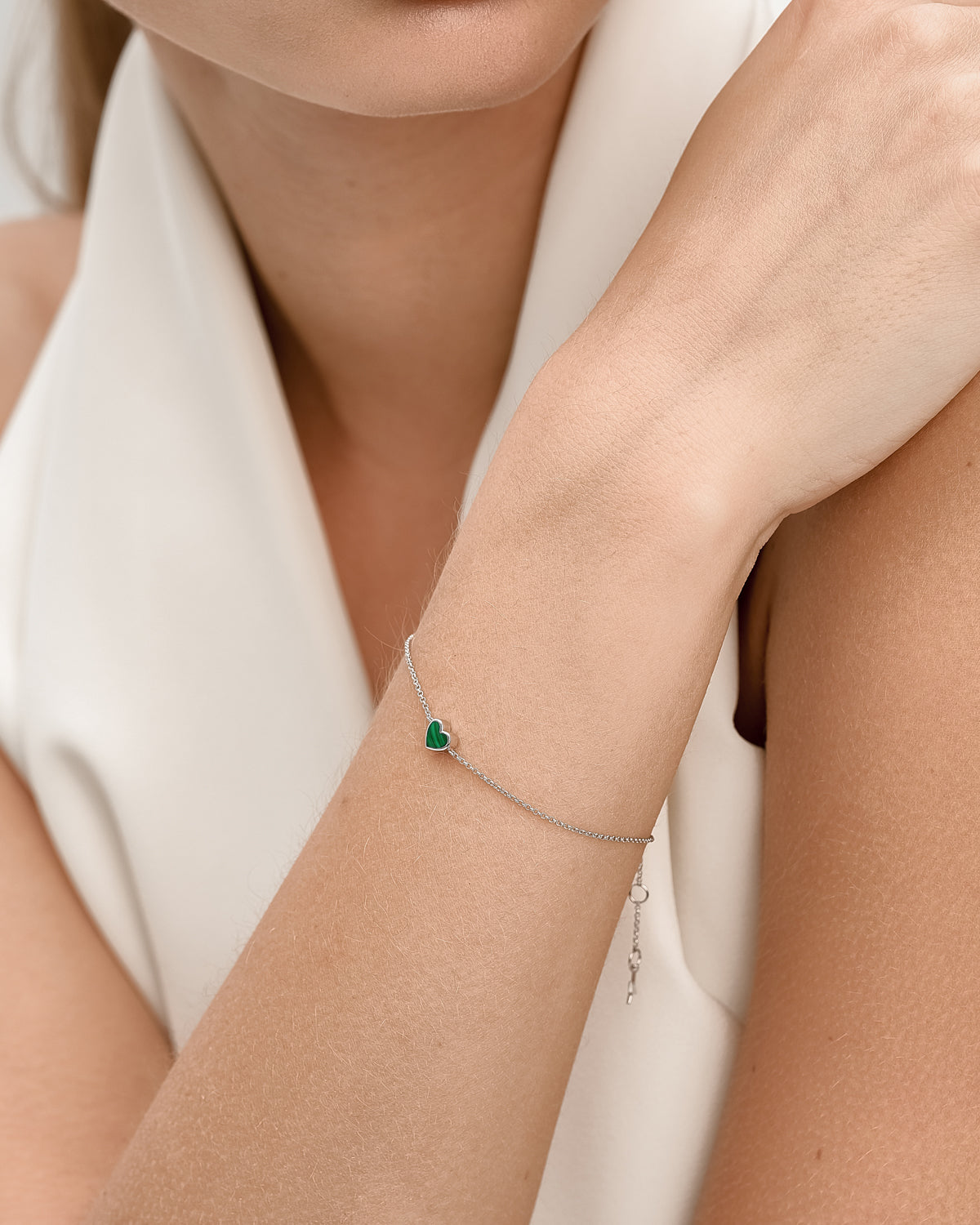 White Gold Malachite Heart Bracelet