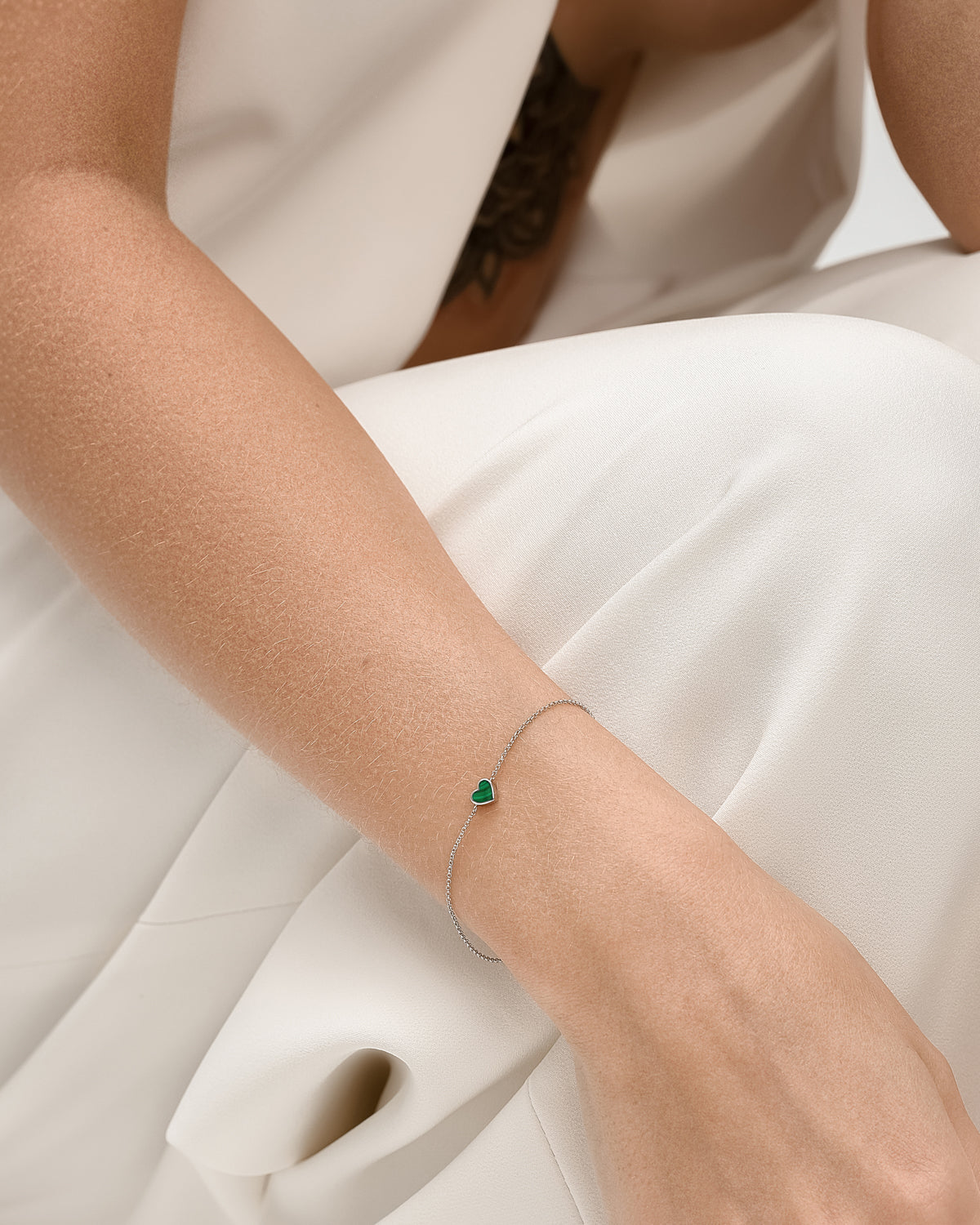 White Gold Malachite Heart Bracelet